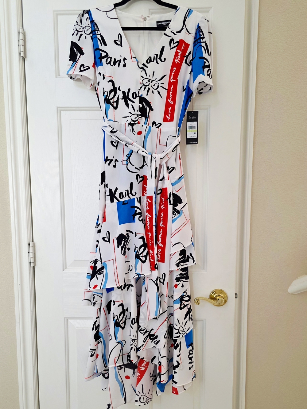 NWT Karl Lagerfeld White Black Blue Red Paris Graphic Print Long Dress - Size 4